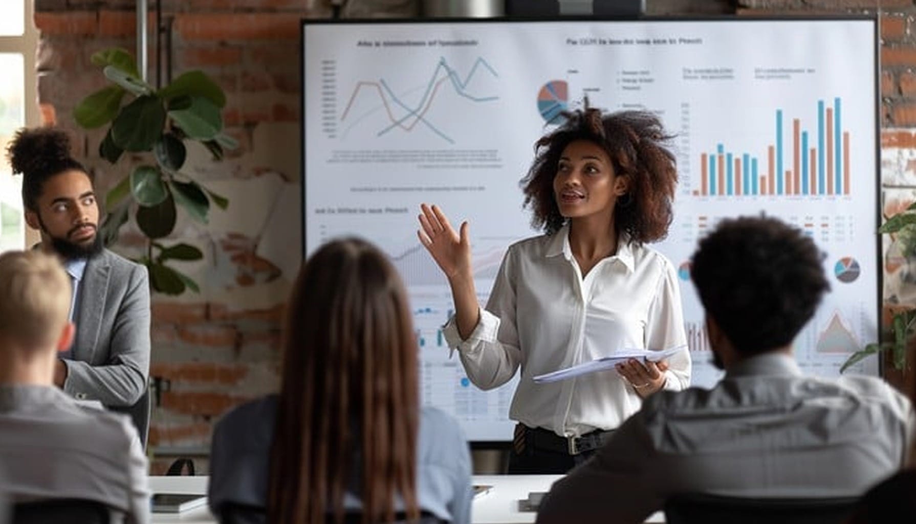 Woman presenting charts to a meeting